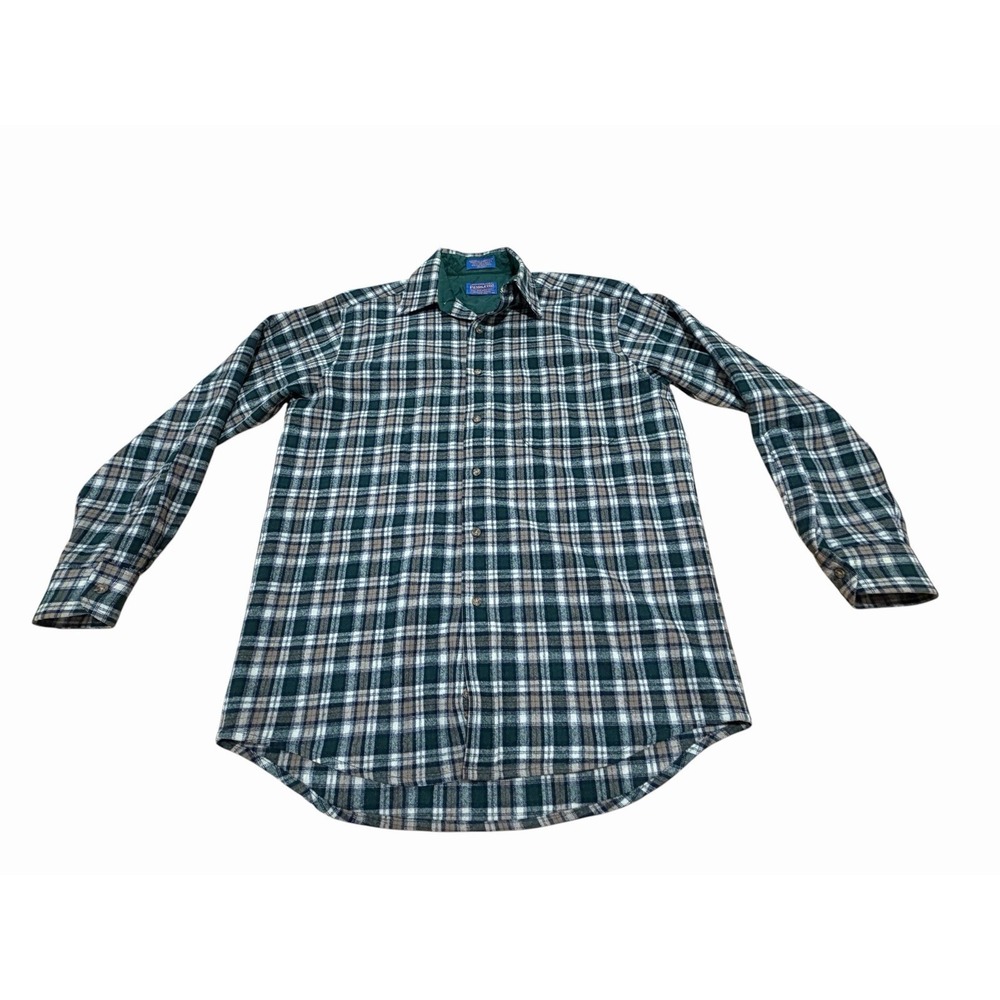 Pendleton Brown Green White Plaid Wool Vintage Flannel Shirt Size Med 1 Pocket